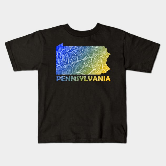 Colorful mandala art map of Pennsylvania with text in blue and yellow Kids T-Shirt by Happy Citizen